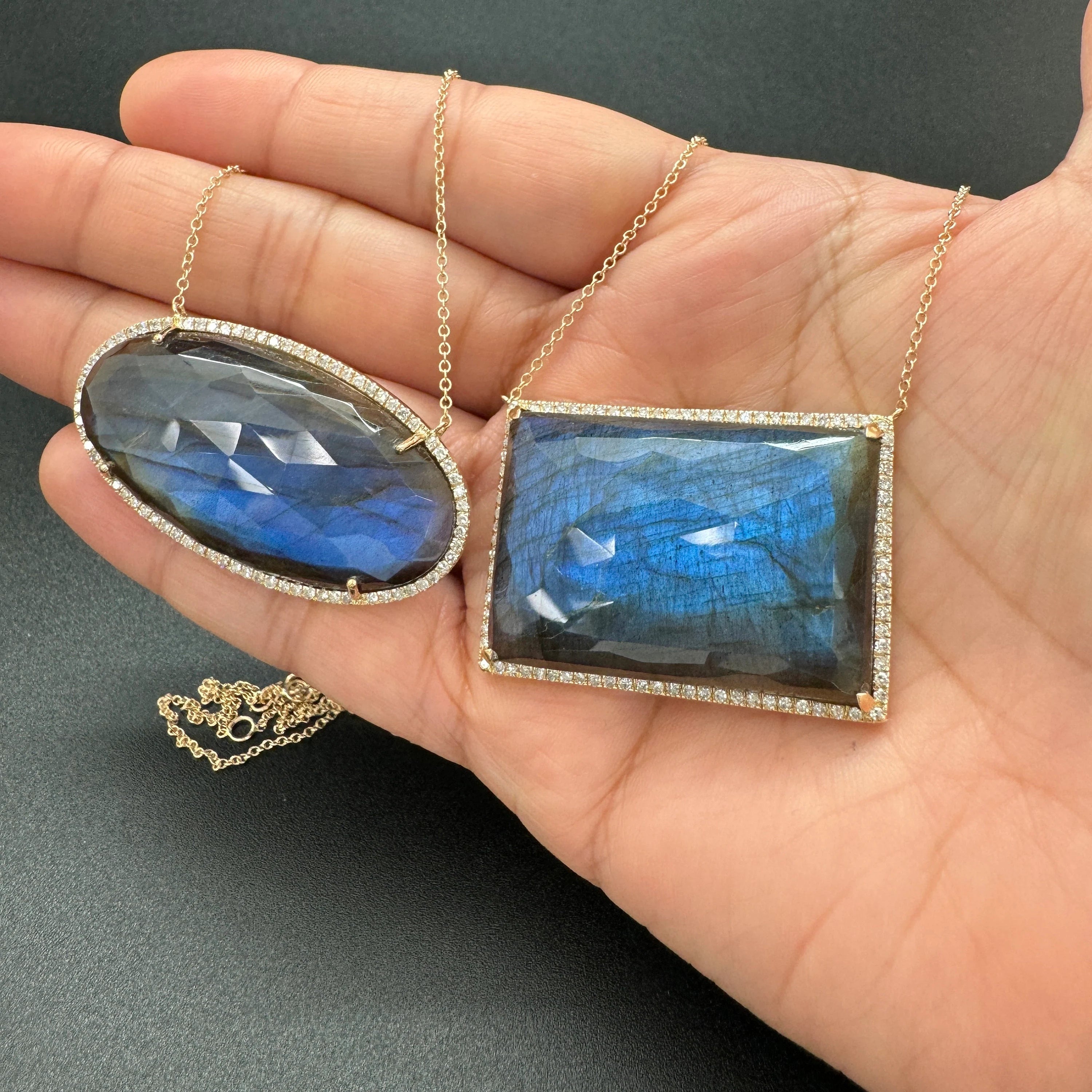 Diamond Labradorite Rectangular Pendant Necklace