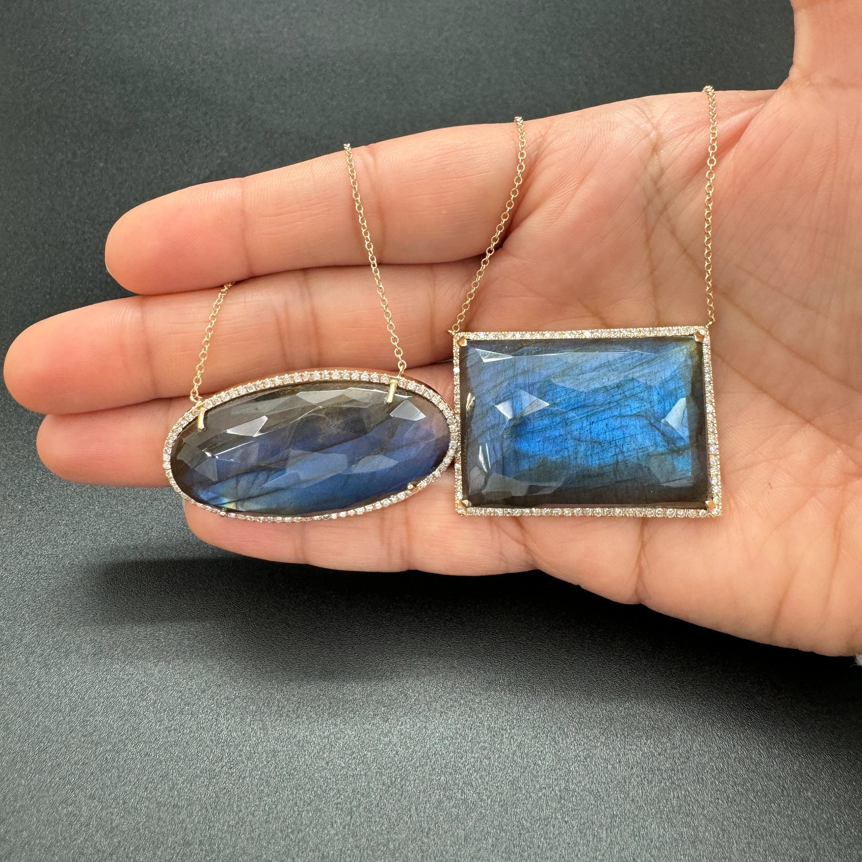 Diamond Labradorite Rectangular Pendant Necklace