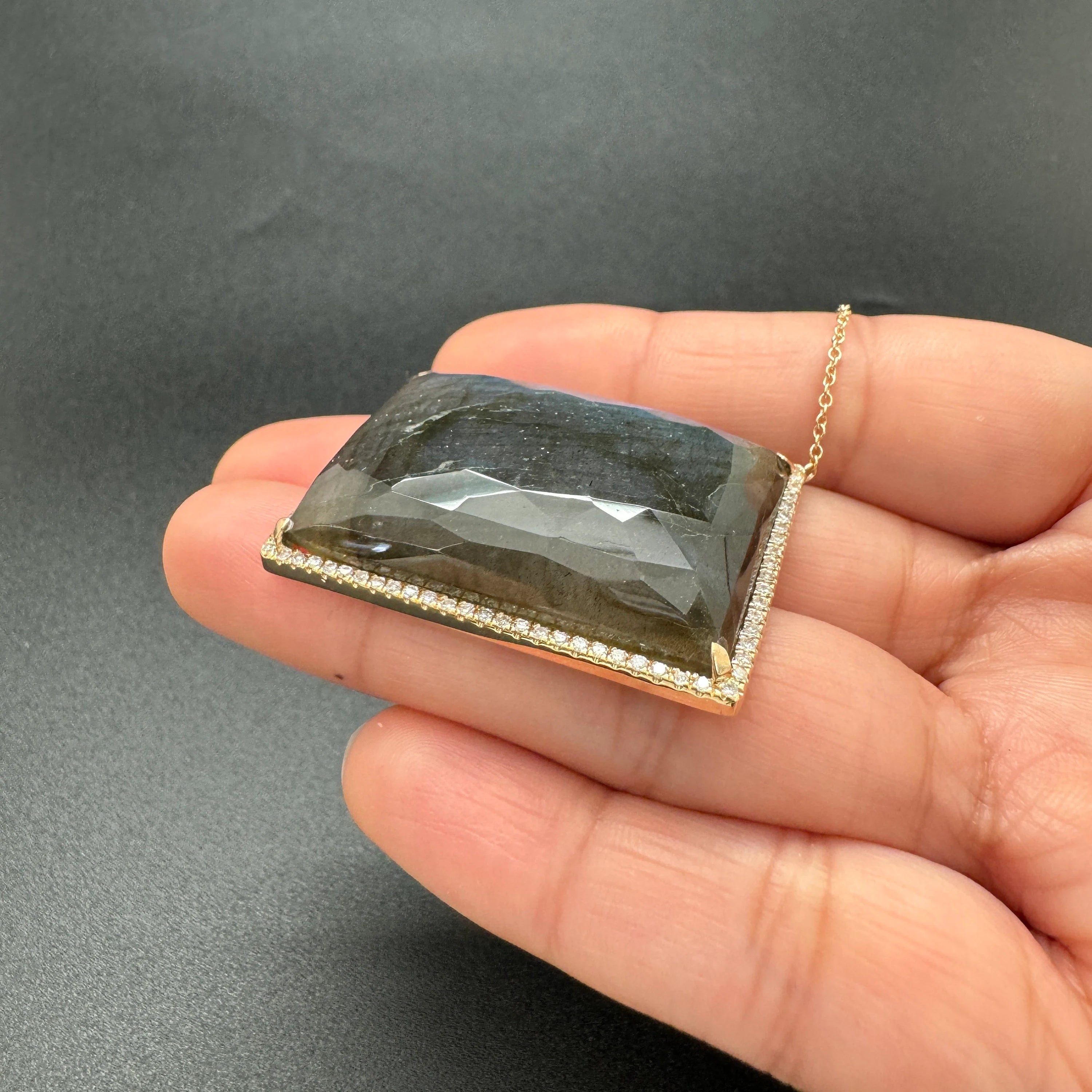Diamond Labradorite Rectangular Pendant Necklace