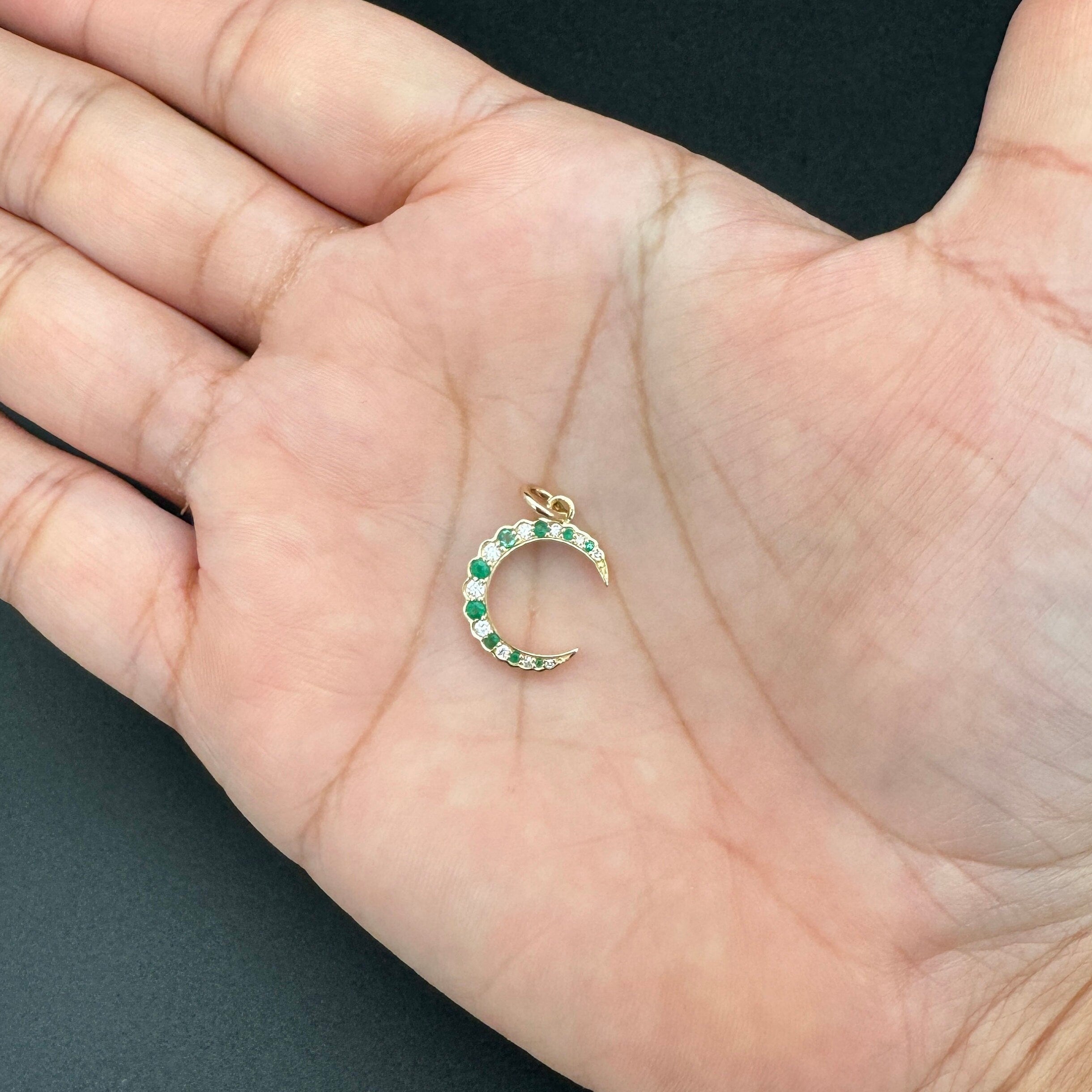 Diamond & Emerald Moon Charm 13.6x5x12mm