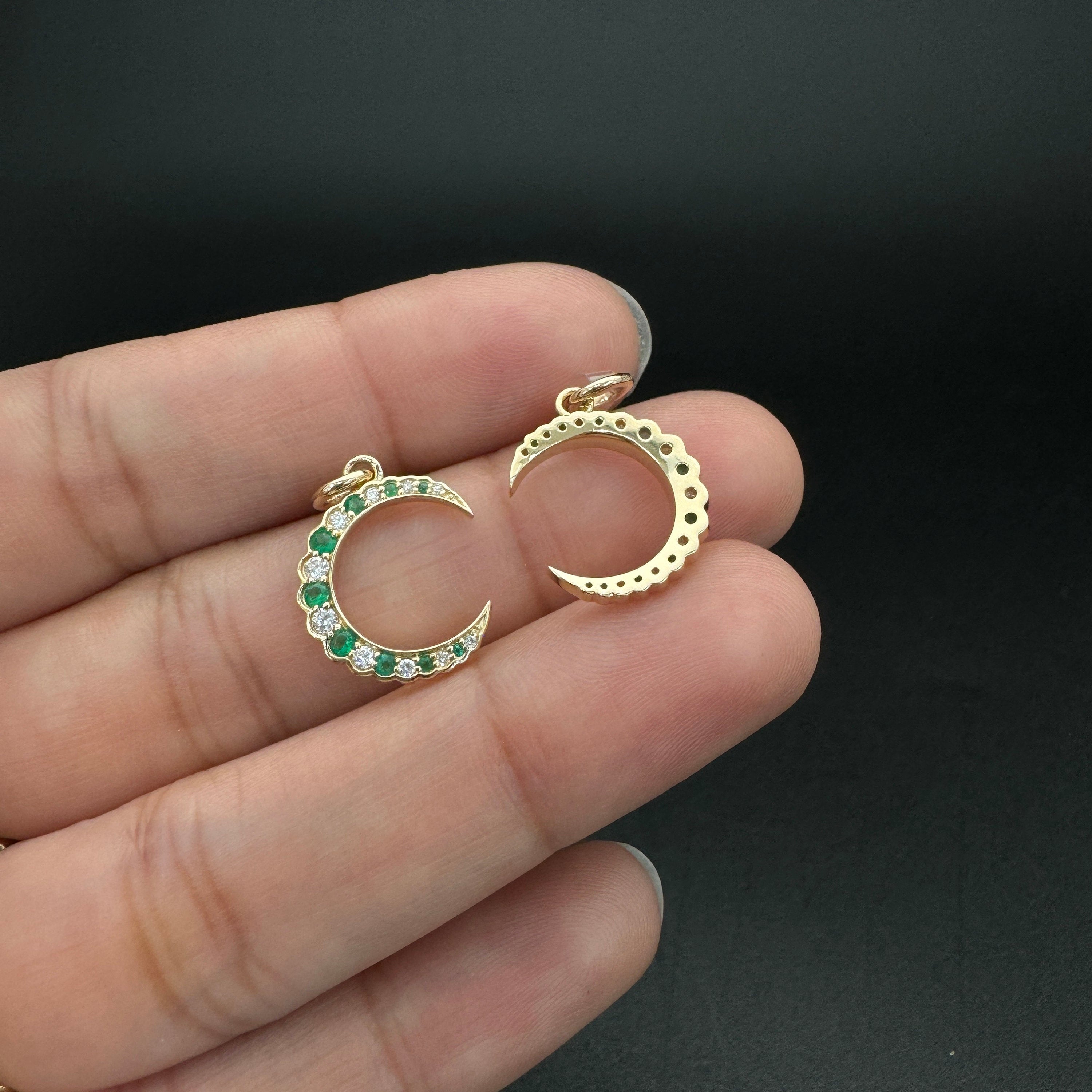 Diamond & Emerald Moon Charm 13.6x5x12mm