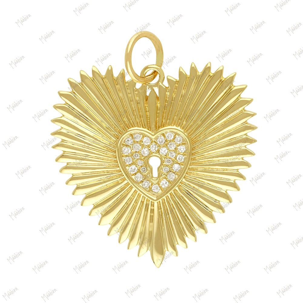 Diamond Heart in Heart Rays Key Hole Pendant 24x24mm