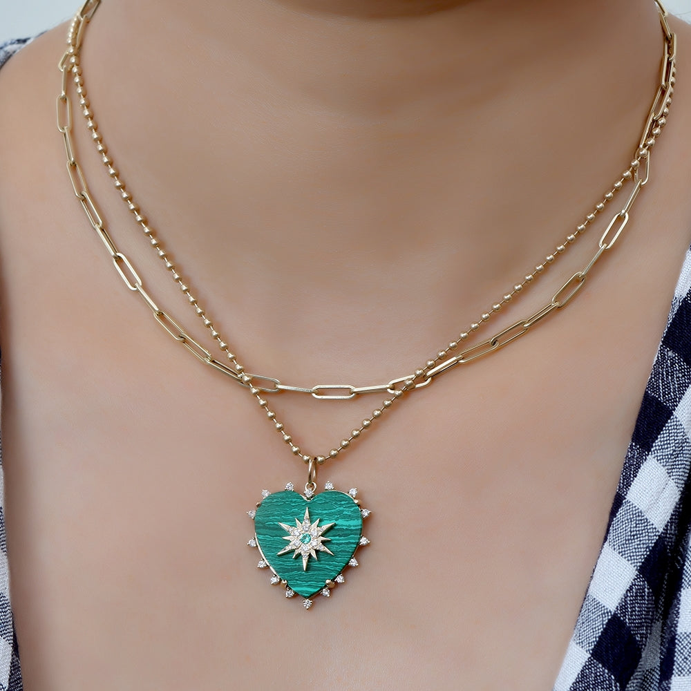 Diamond & Emerald Malachite Heart Pendant 24mm