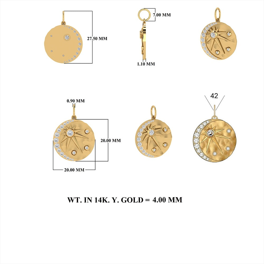 Diamond Round Moon & Star Pendant 20mm