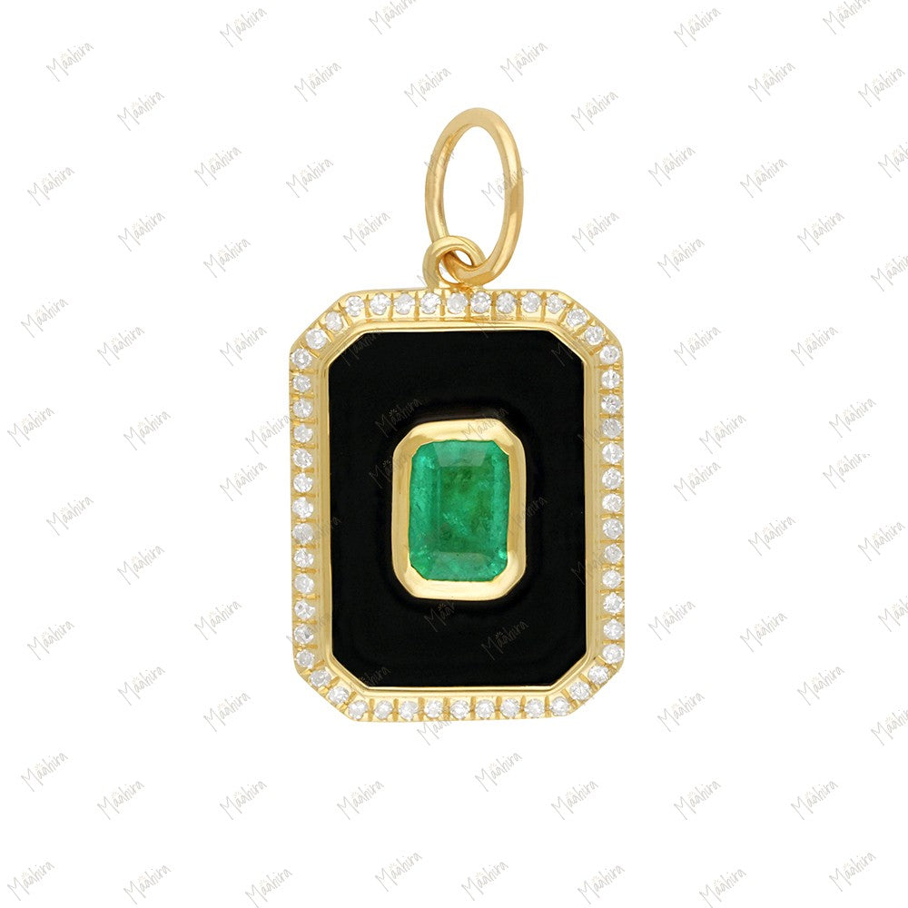Rectangle Diamond & Emerald Black Onyx Pendant 13x17.50mm