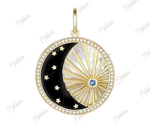 Black Enamel Mother of Pearl/Sapphire/Diamond Round Pendant 24mm