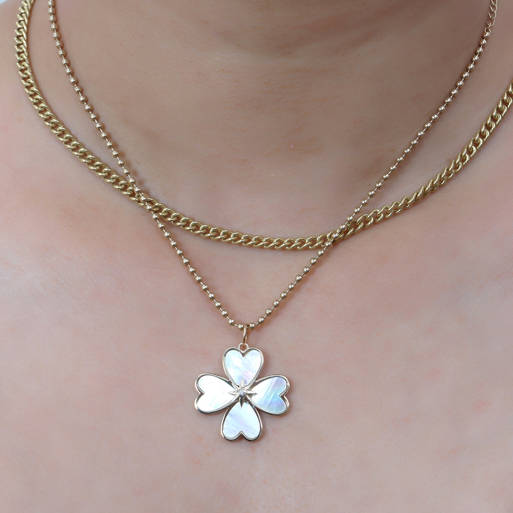 Diamond Mother of Pearl Four Leaf Clover Pendant 24mm