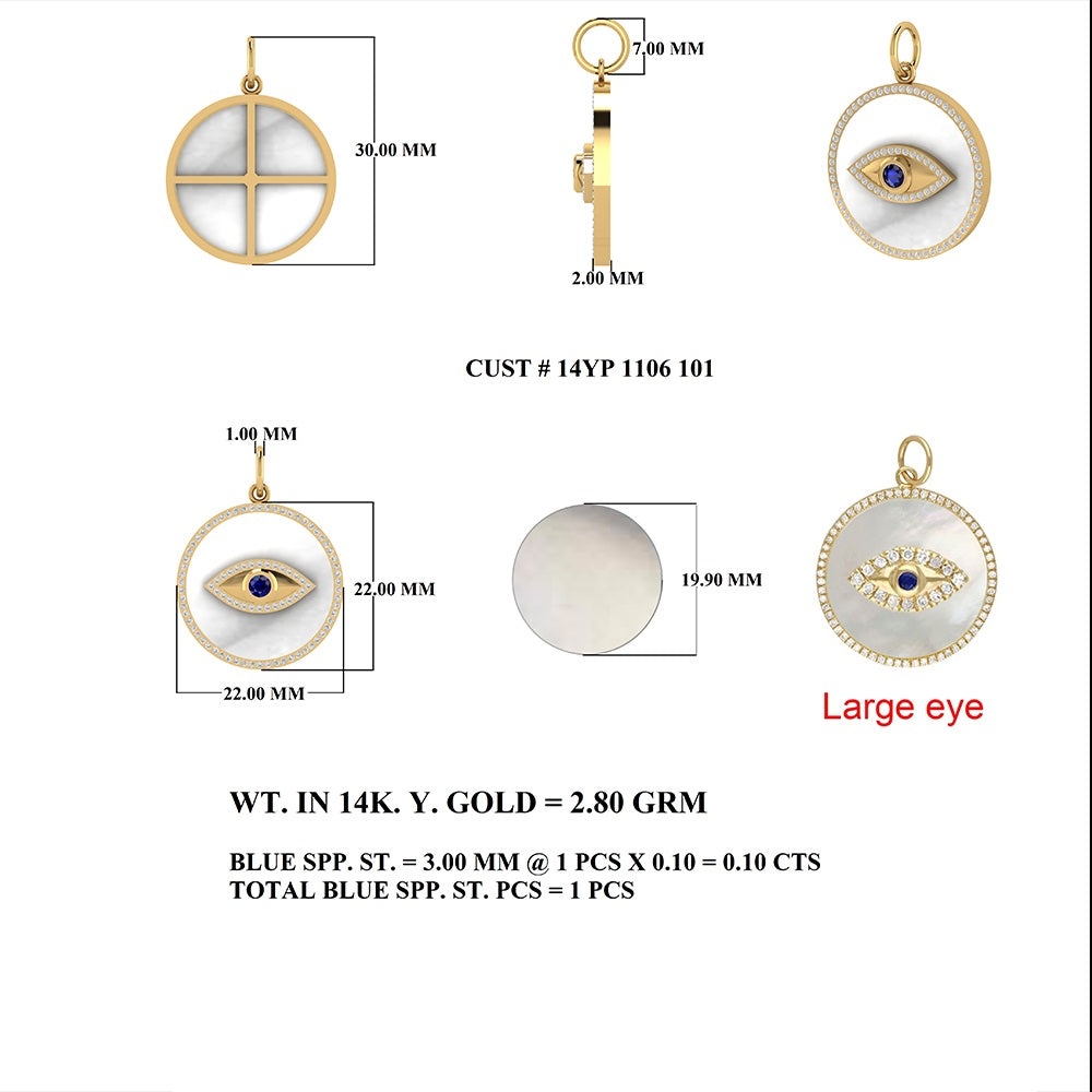 Diamond Blue Sapphire Eye Mother of Pearl Pendant 22mm