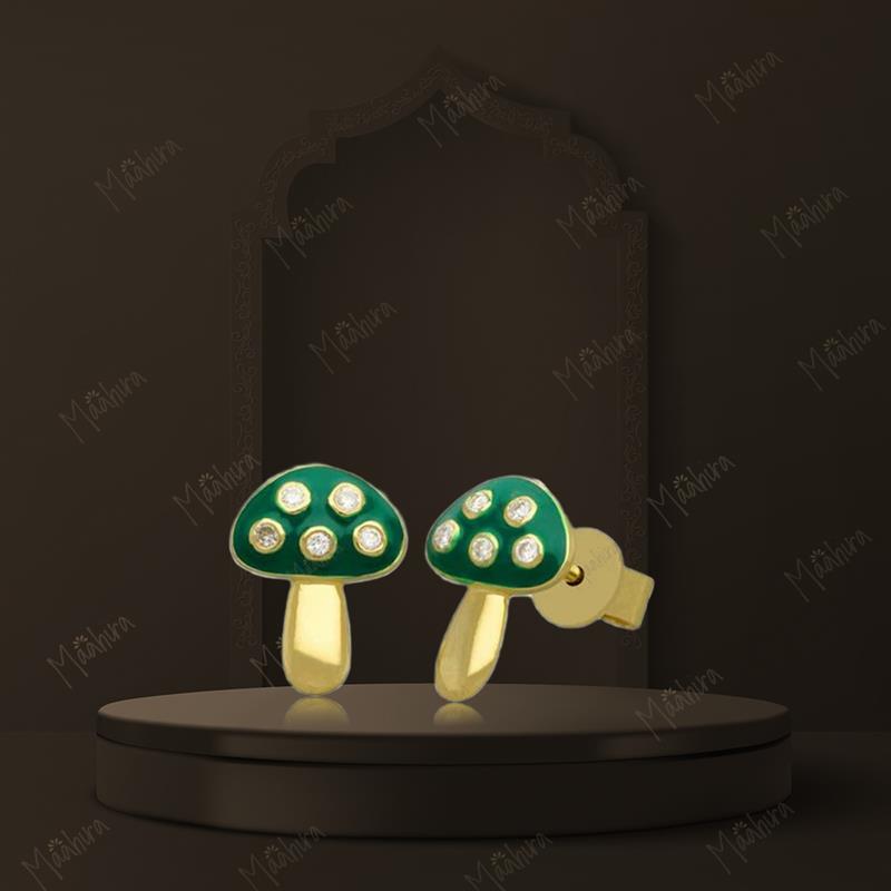 Diamond Mushroom Studs With Green Enamel