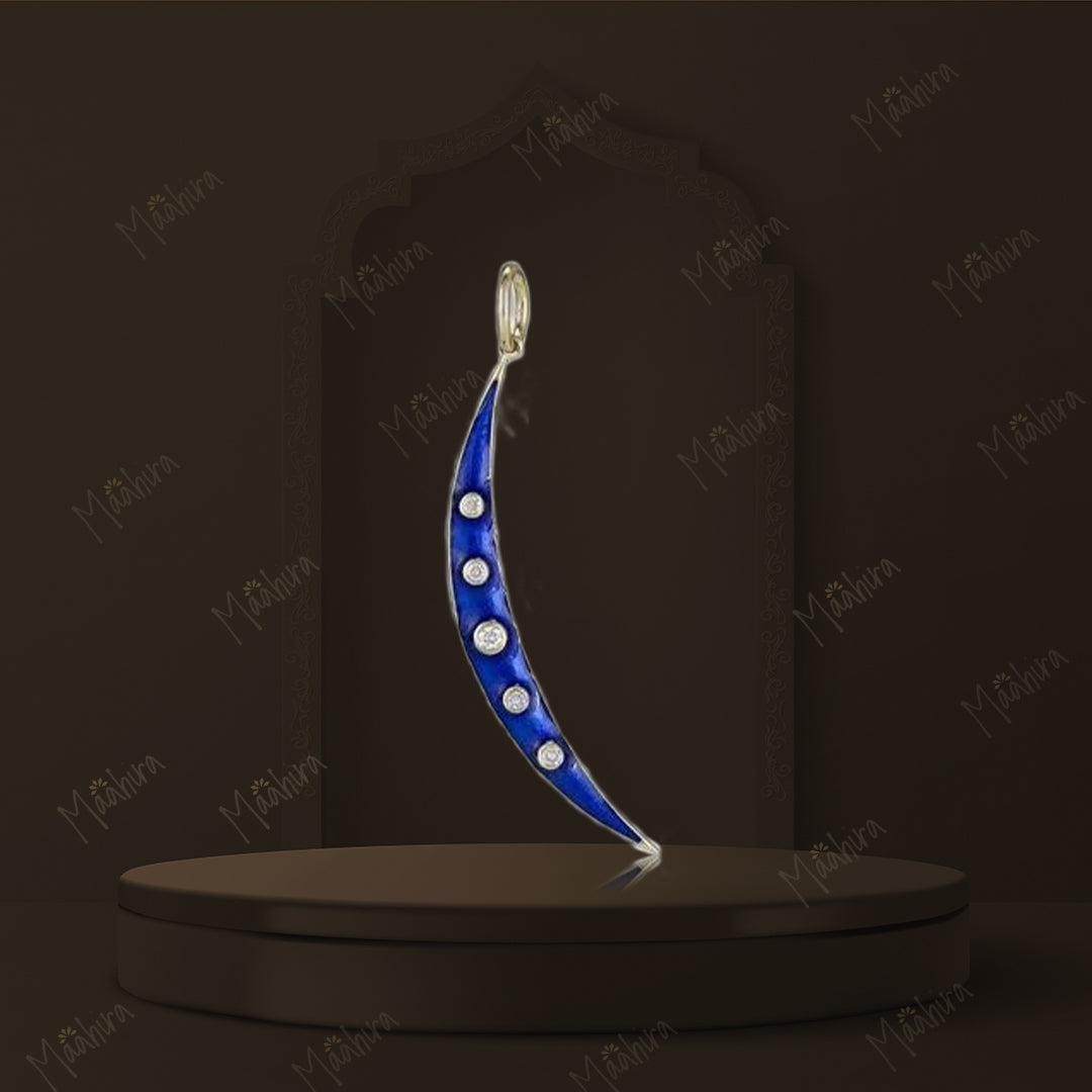 Diamond & Blue enamel Moon Pendant 37mm