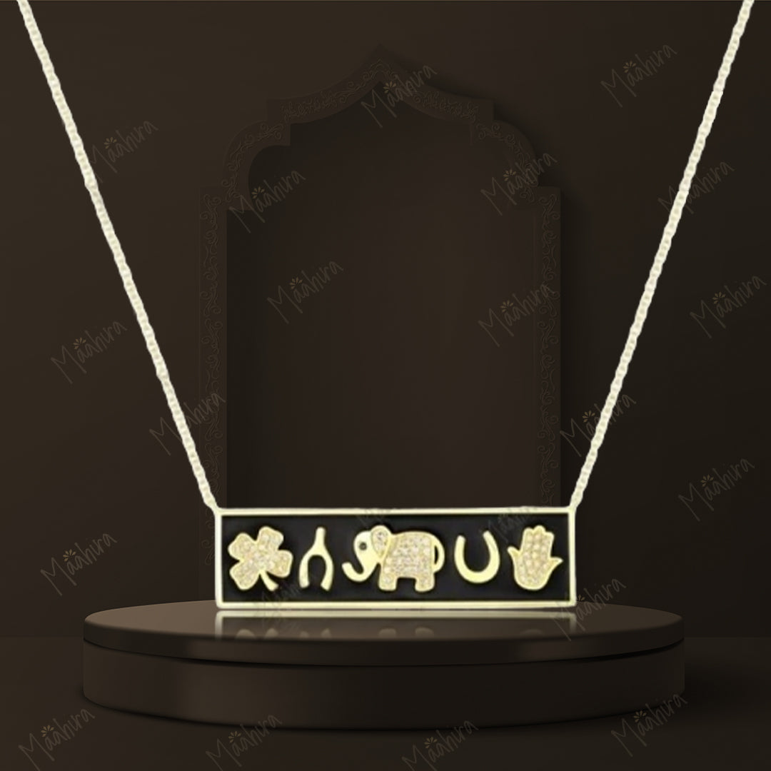 Black Enamel Five Charms Bar Necklace