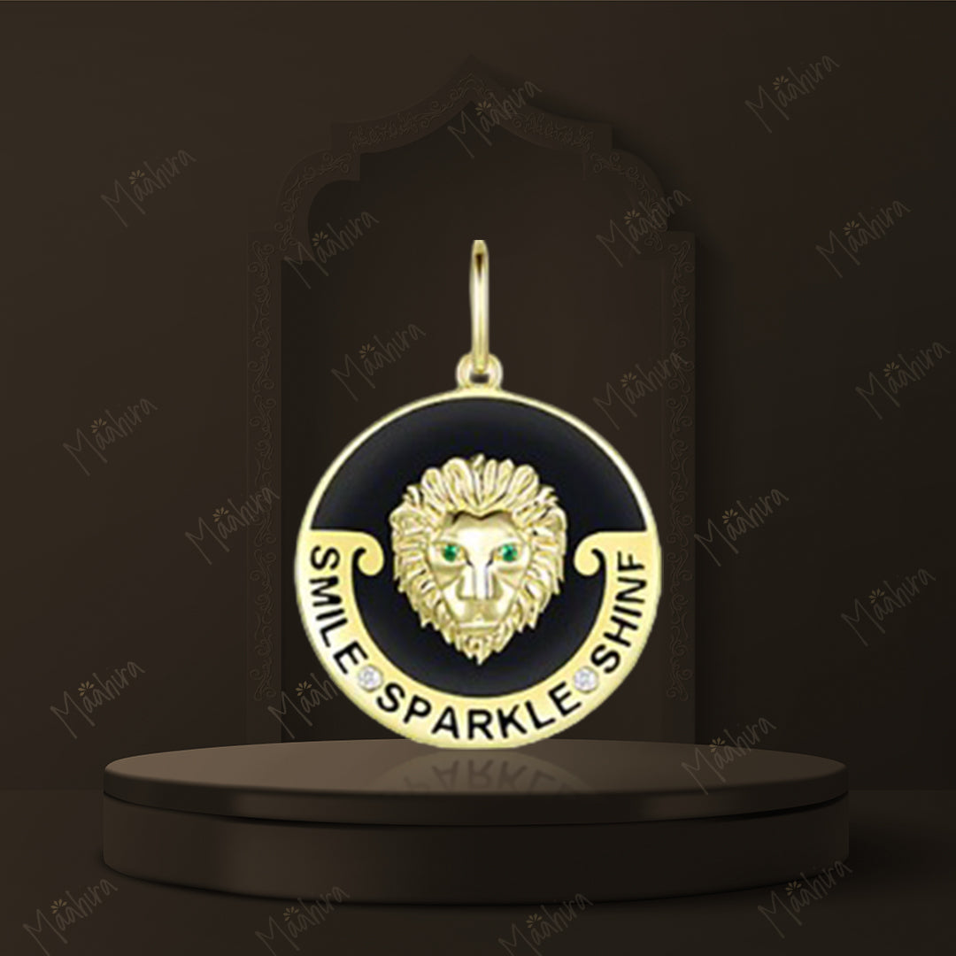 Black Enamel Tsavorite Diamond Lion Head Pendant 20mm