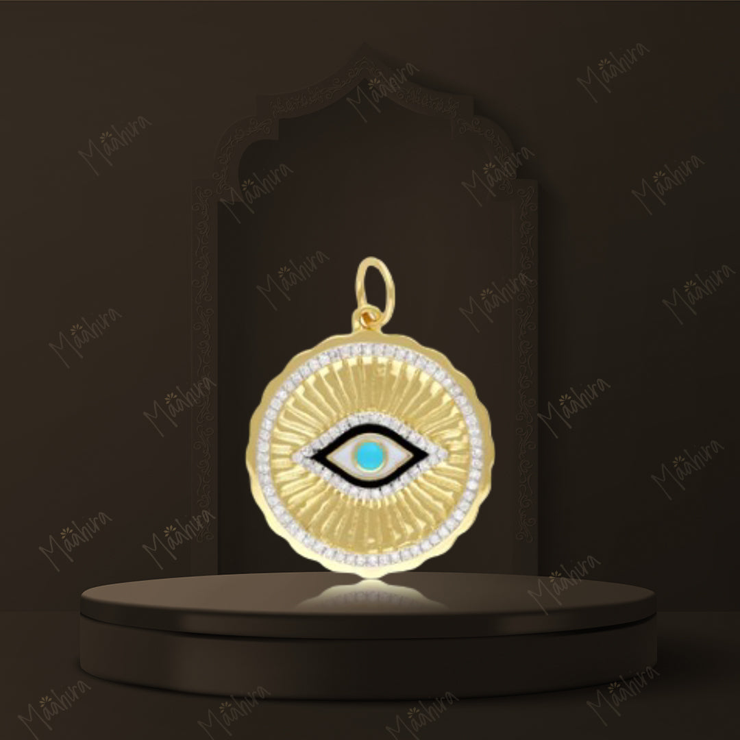 Round Diamond Turquoise Black & White Enamel Eye Pendant 22mm