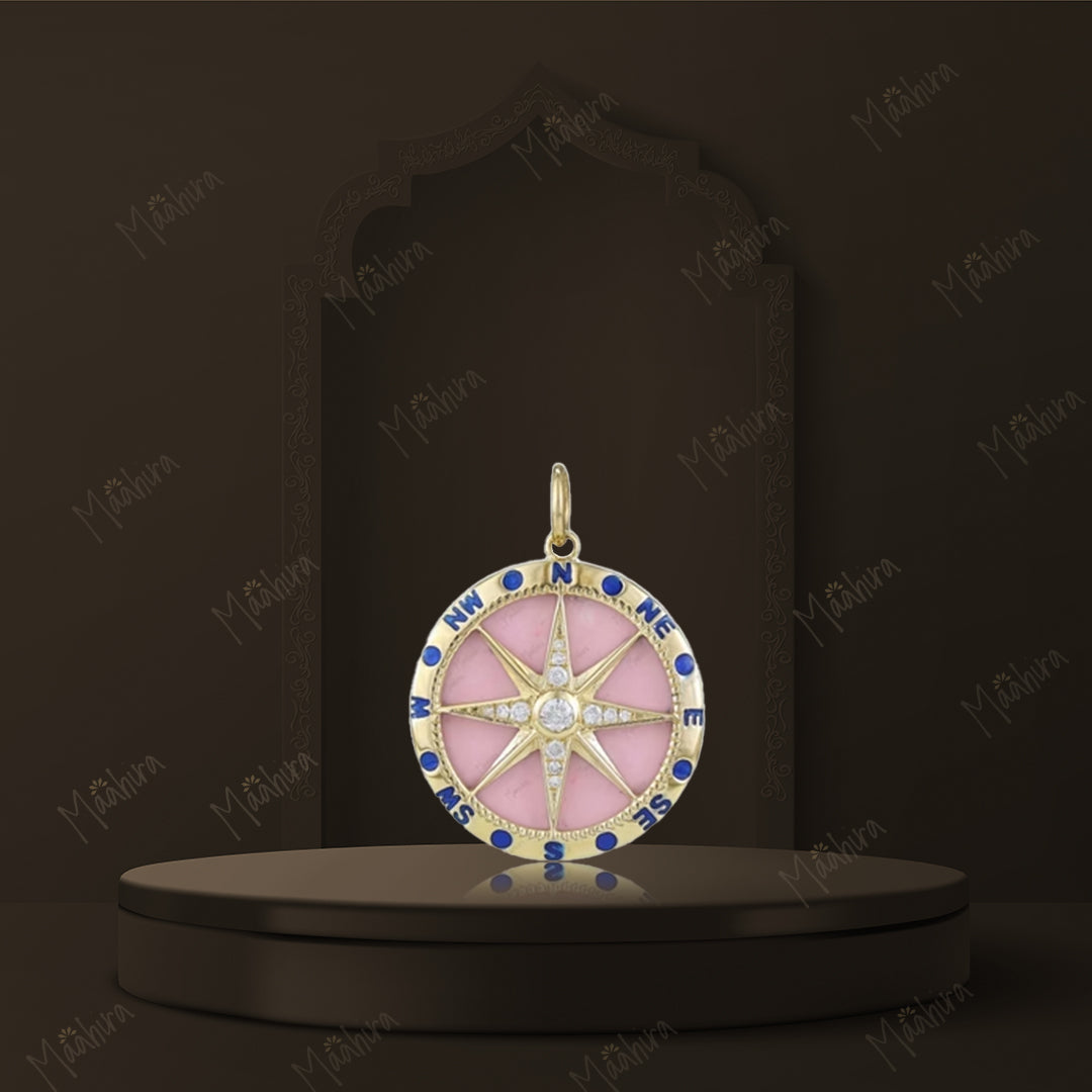 Diamond & Pink Stone Compass Star Pendant With Blue Enamel 21.50mm