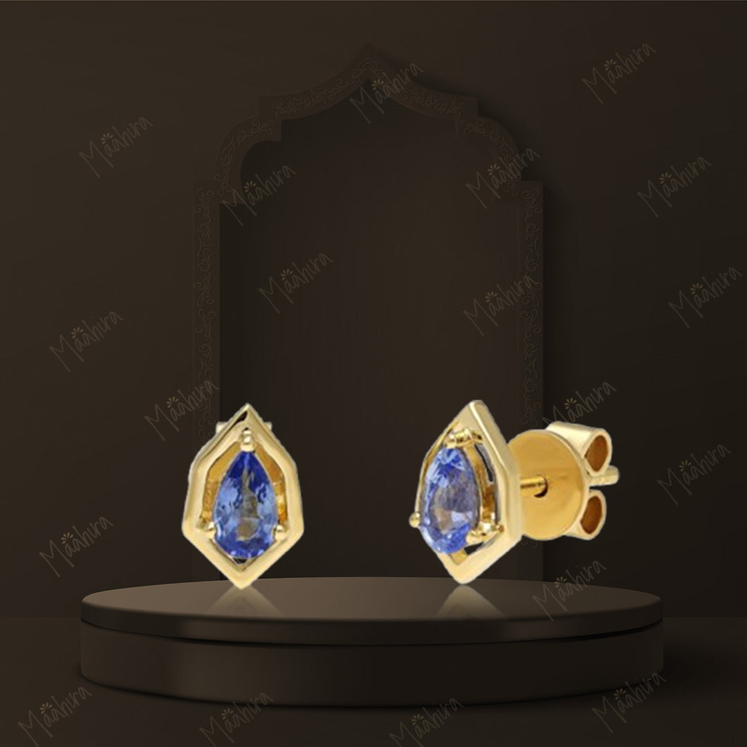 Minimalist Yellow Gold Blue Sapphire Studs-5.5x8.5mm