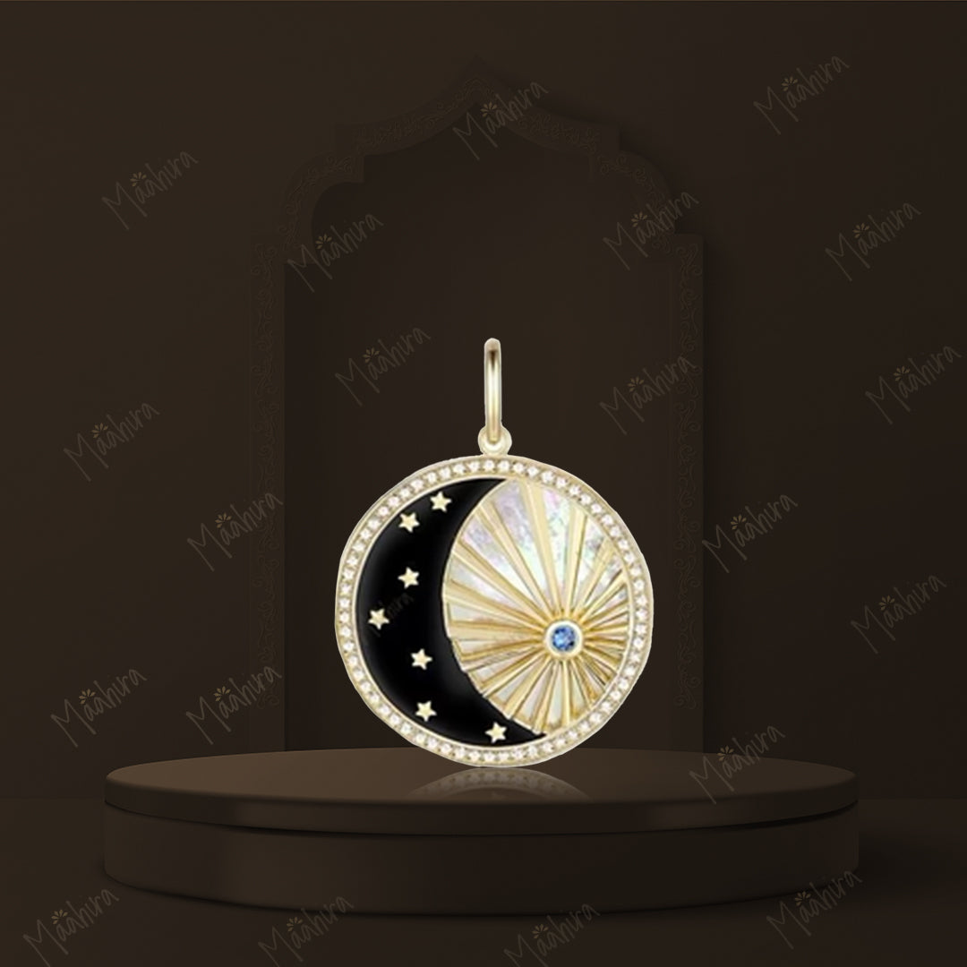 Black Enamel Mother of Pearl/Sapphire/Diamond Round Pendant 24mm