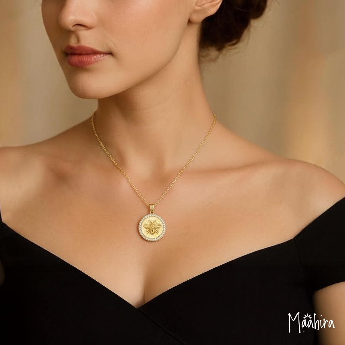 Diamond Bee Disc Pendant Necklace