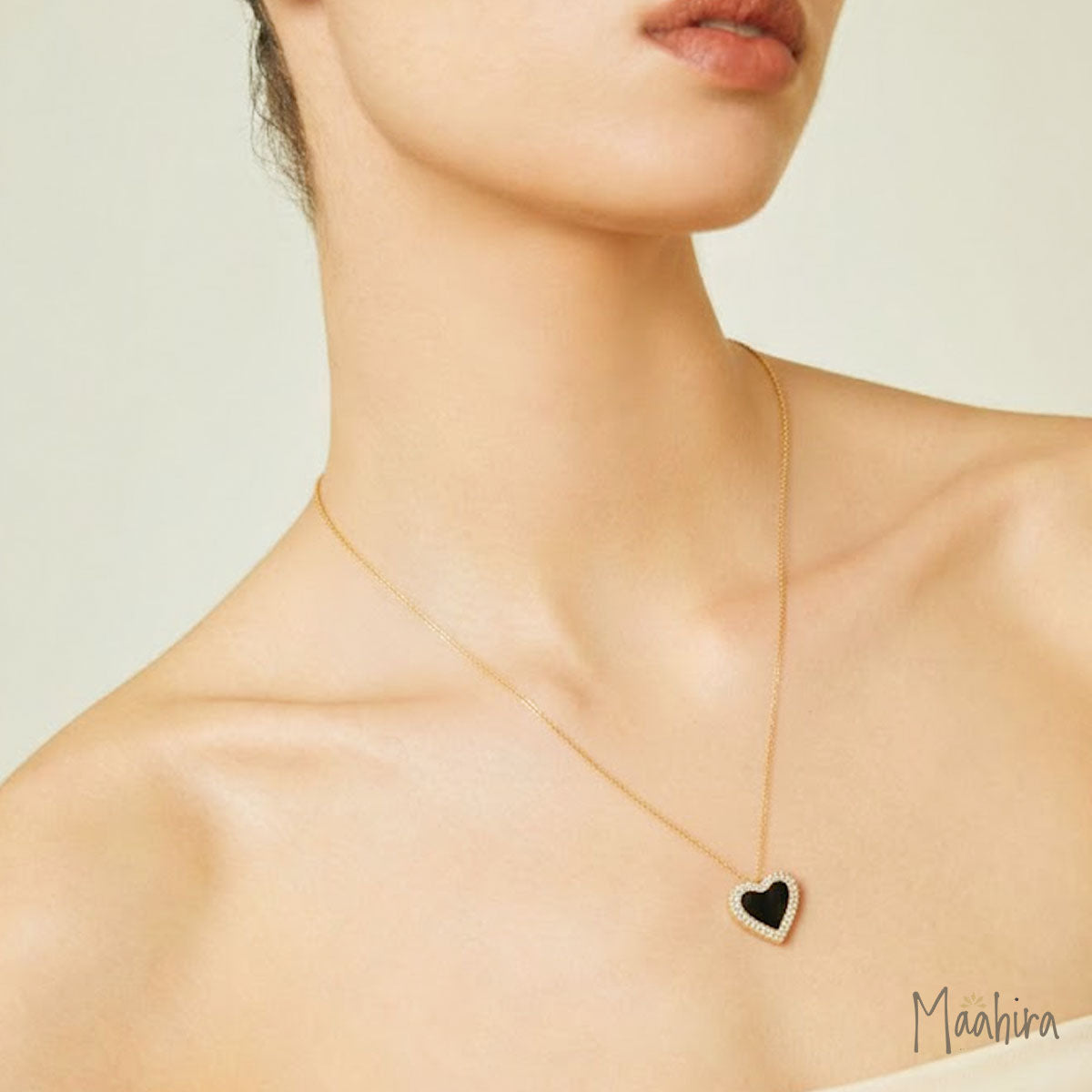 Diamond Black Onyx Heart Necklace 15x16mm