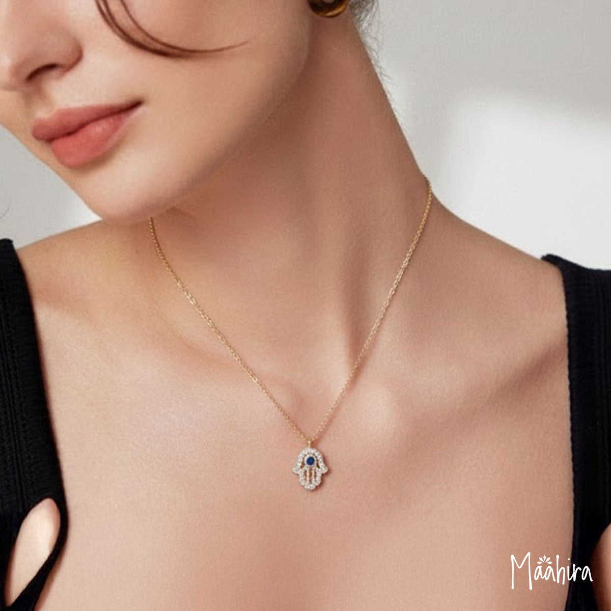 Diamond & Blue Sapphire Hamsa Hand Necklace