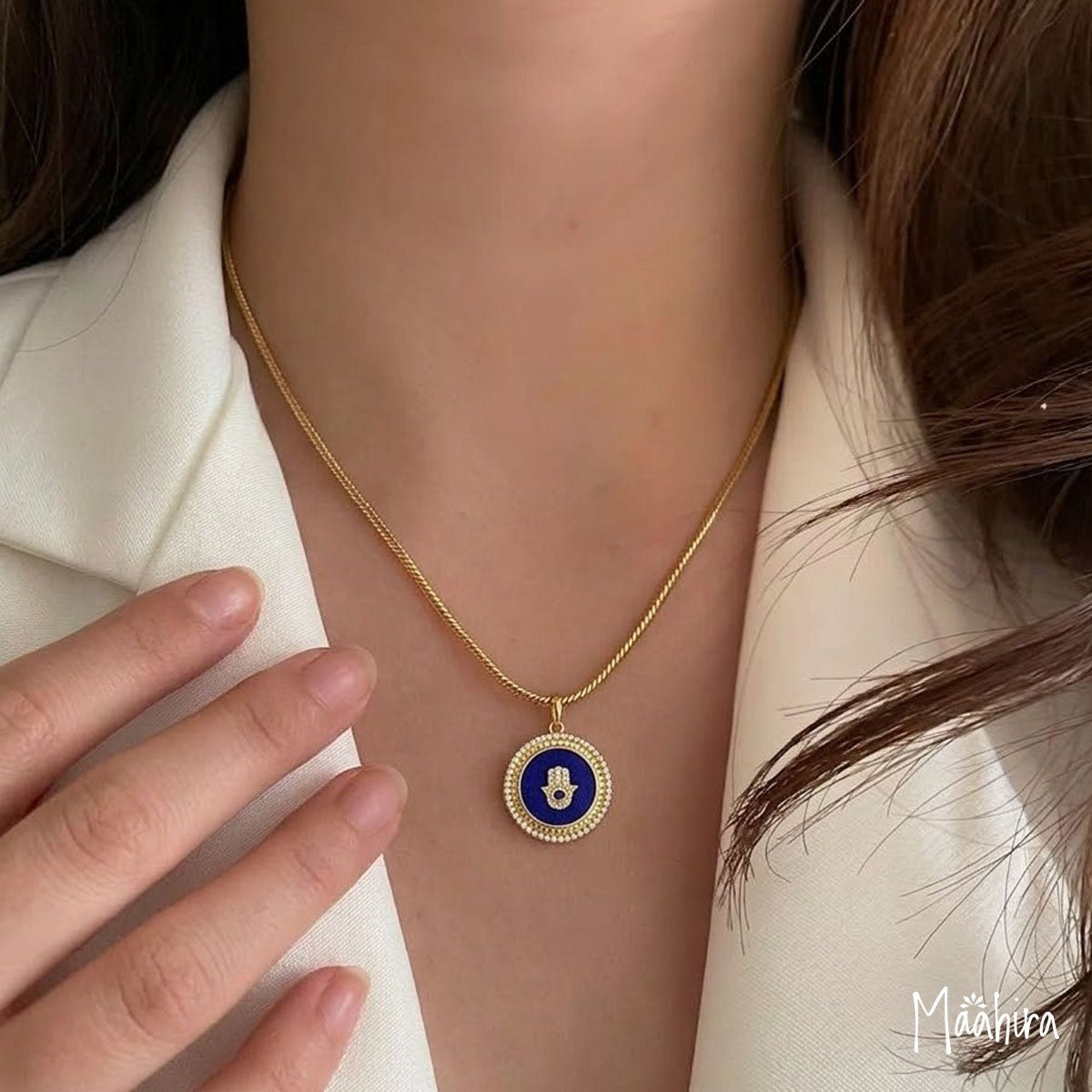 Diamond & Blue Sapphire Round Lapis Hamsa Hand Pendant 20mm