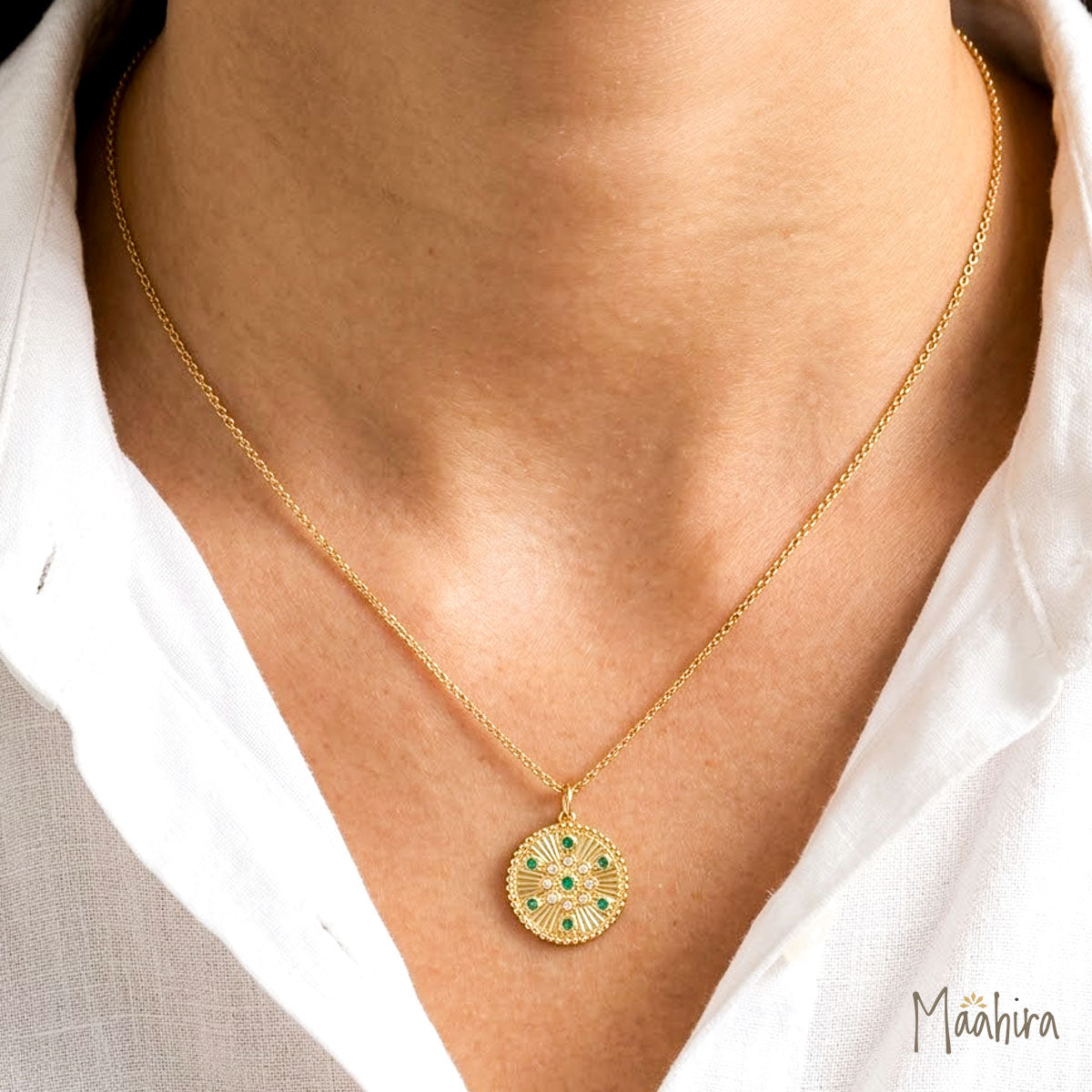 Diamond & Emerald Round Pendant 24mm