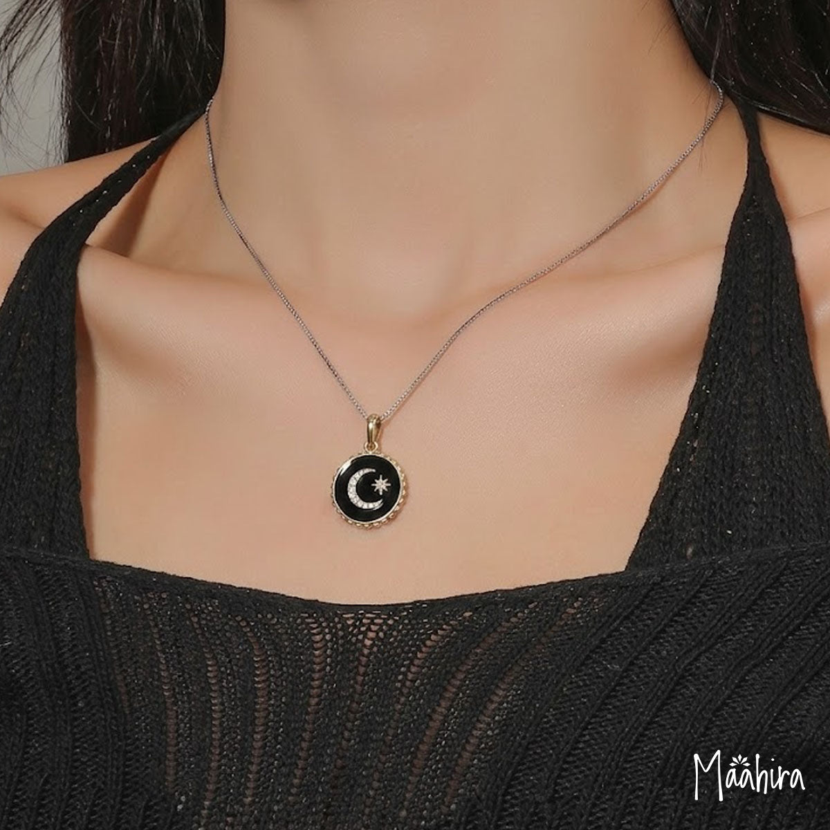 Diamond Moon Star Pendant 20mm with Black Enamel