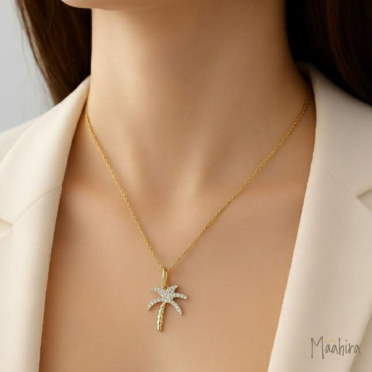 Diamond Palm Tree Pendant Necklace 14.70x12.93mm