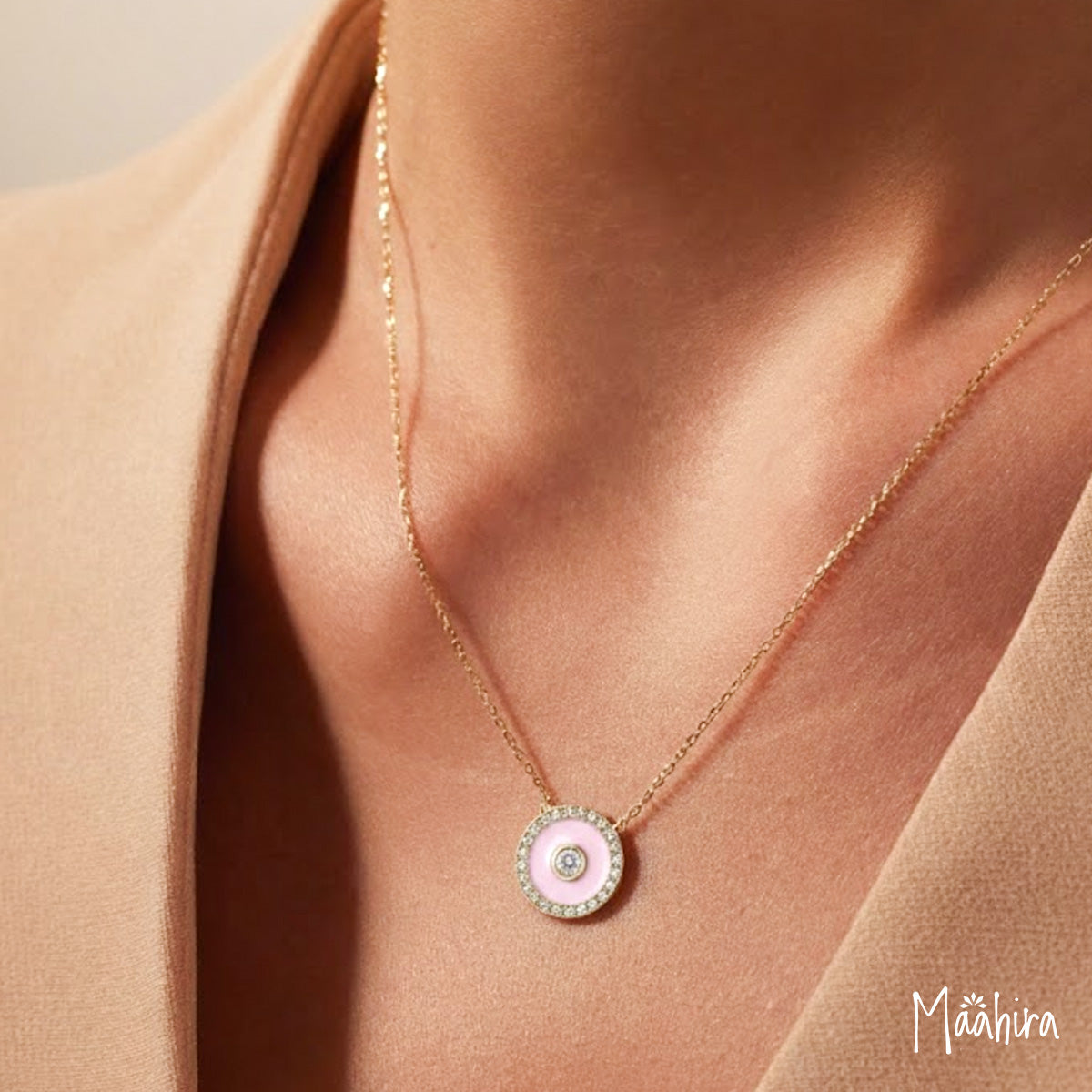 Diamond Pink Enamel Disc Pendant Necklace