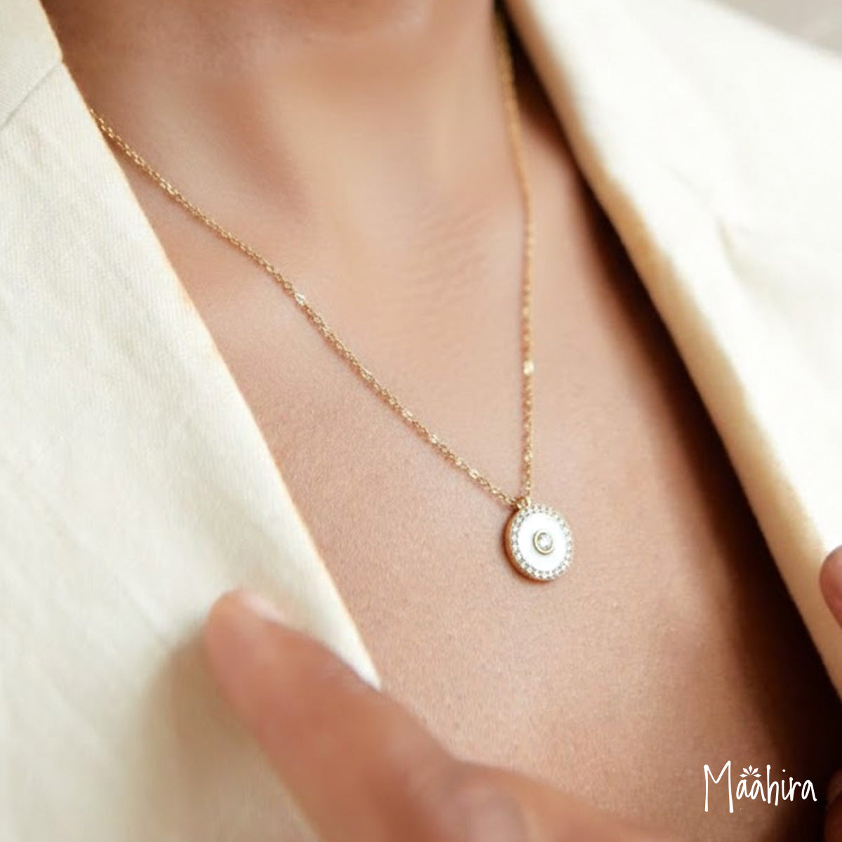 Diamond White Enamel Disc Pendant Necklace