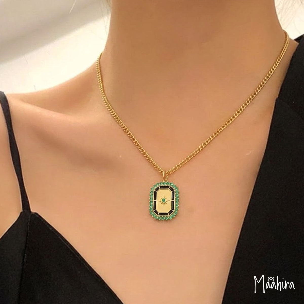 Octagon Shape Emerald & Black Enamel Pendant 18x24mm