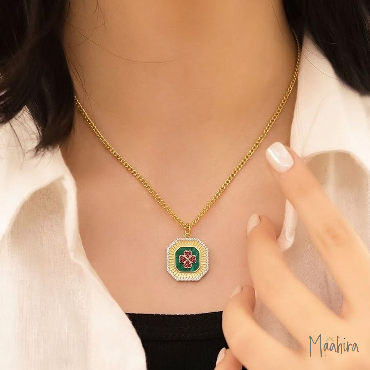 Octagon Shape Malachite Diamond & Emerald Clover Pendant 22mm