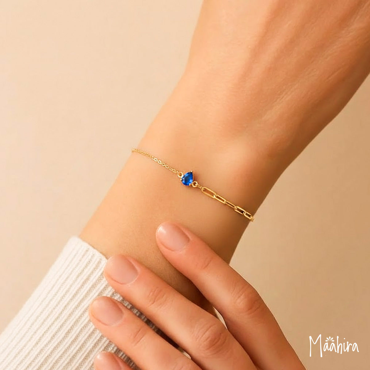 Pear Shape Blue Sapphire With Paper Clip Chain Bracelet 7"