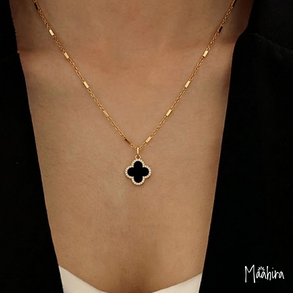 Black Onyx & Diamond Clover Pendant 12mm