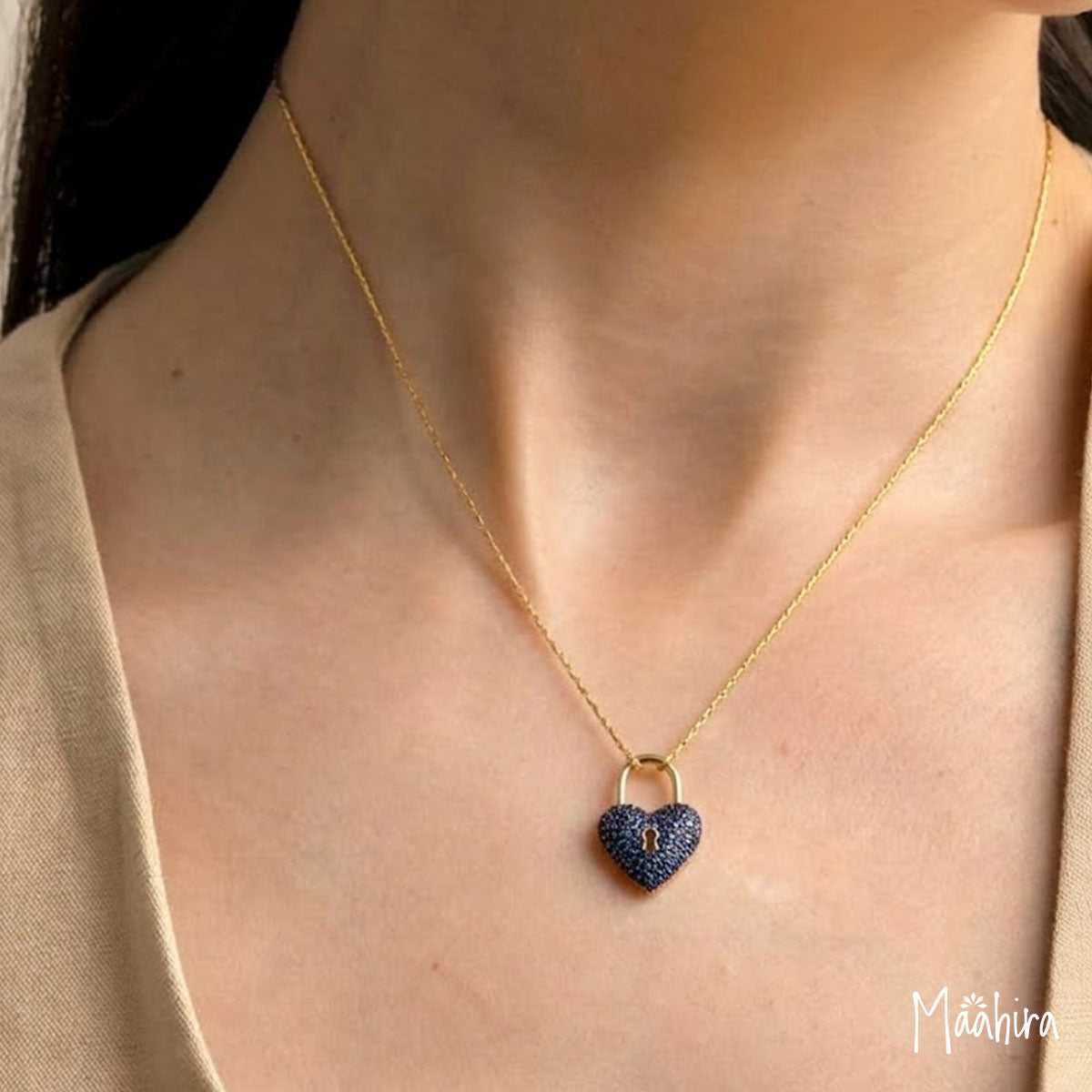 Blue Sapphire Lock Pattern Open/Close Heart Pendant 16x25mm