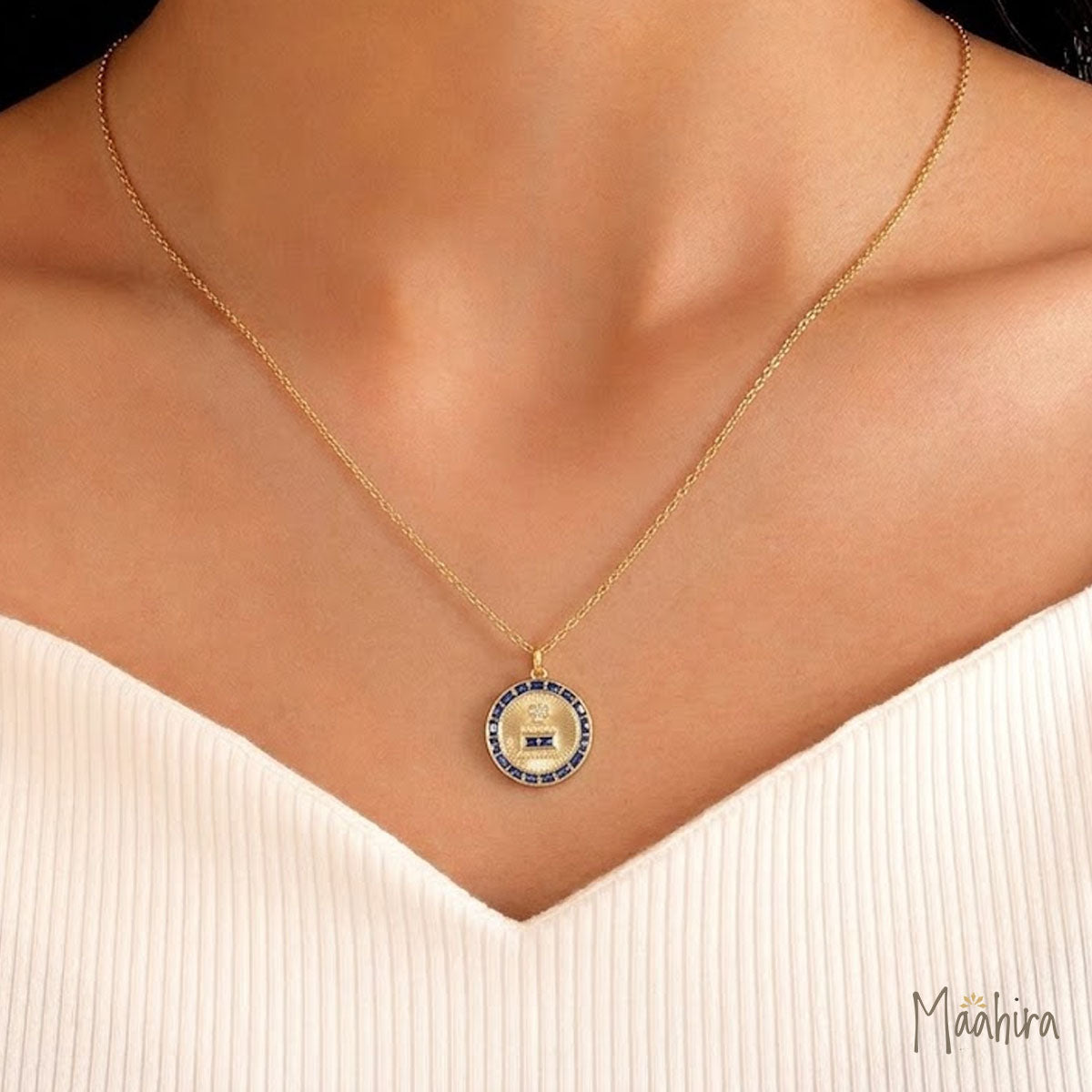 Diamond & Baguette Blue Sapphire Plus Minus Pendant 22mm