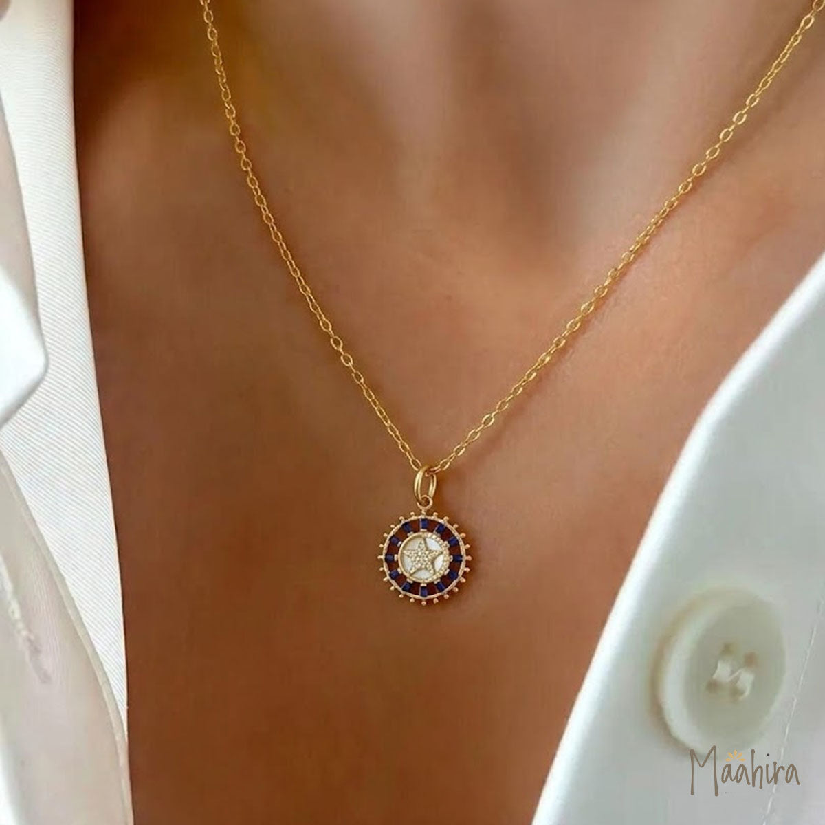 Diamond & Baguette Cut Blue Sapphire Mop Pendant