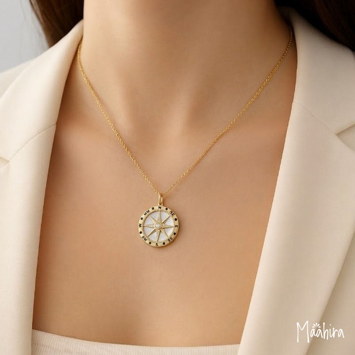 Diamond & Mother Of Pearl Compass Pendant 25mm