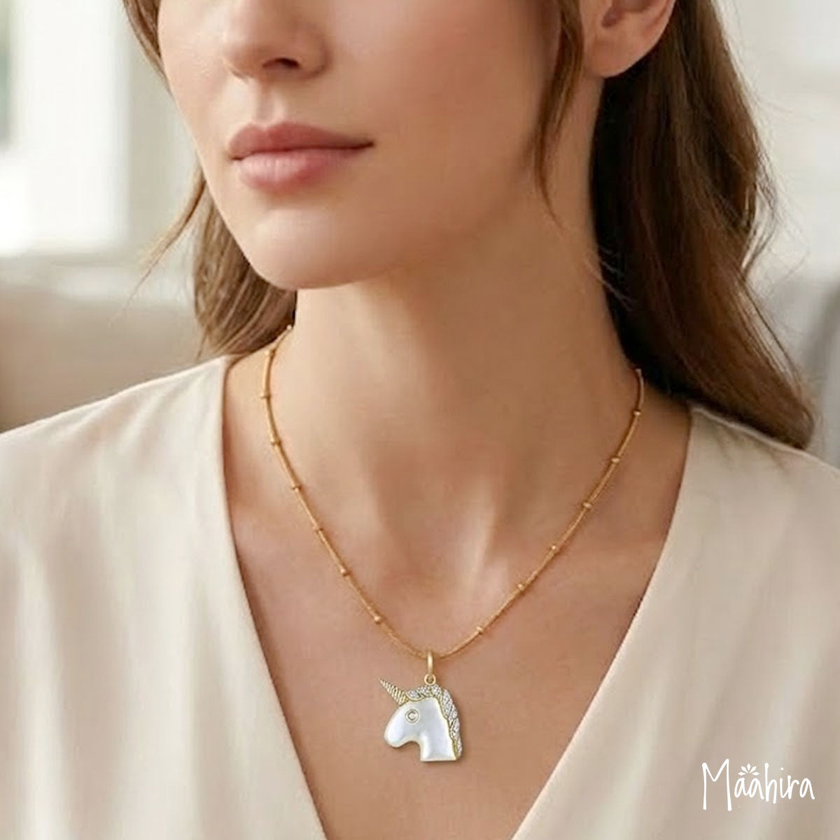 Diamond & White Stone Unicorn Pendant 13x12mm