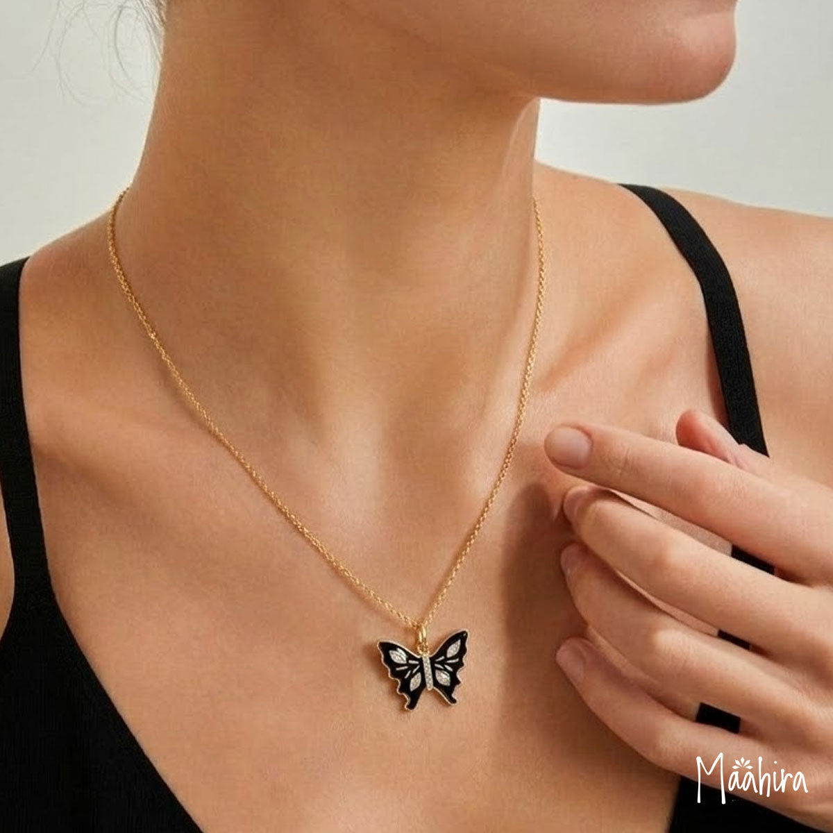 Diamond & White Topaz Black Enamel Butterfly pendant 20x14.7mm