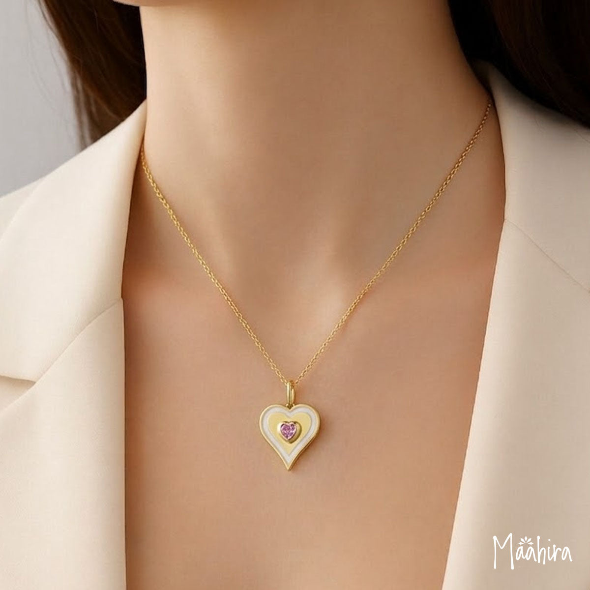 White Enamel Pink Sapphire Heart Pendant 20mm