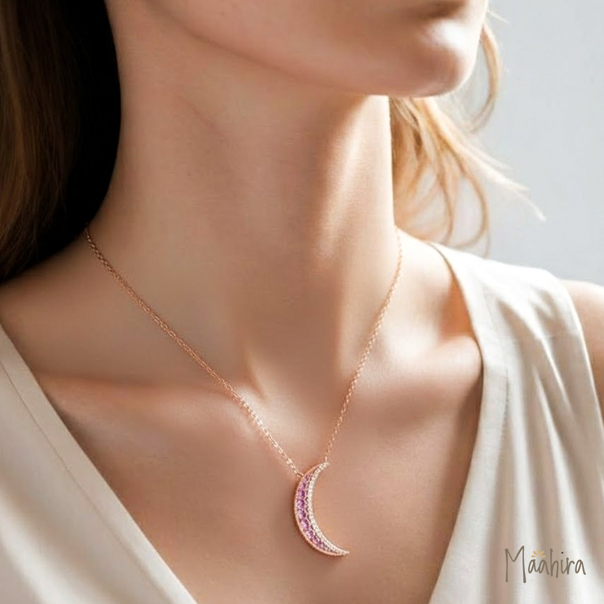 Pink Sapphire Crescent Moon Necklace