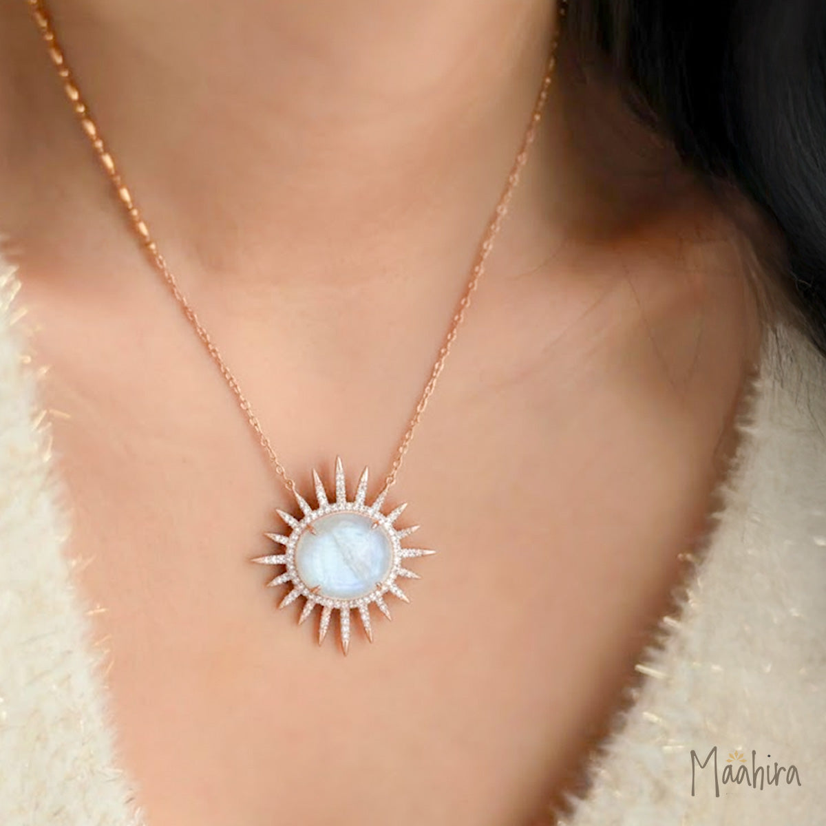 Rainbow Moonstone and Diamond Sun Necklace