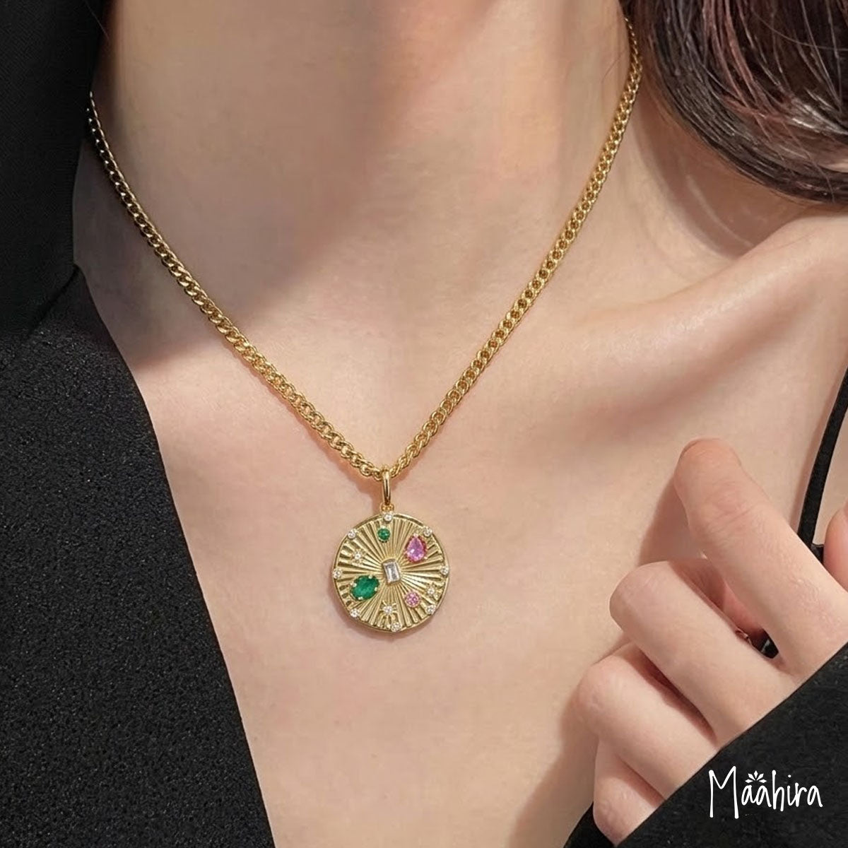 Round Pink Sapphire, Emerald & Diamond Pendant 20mm