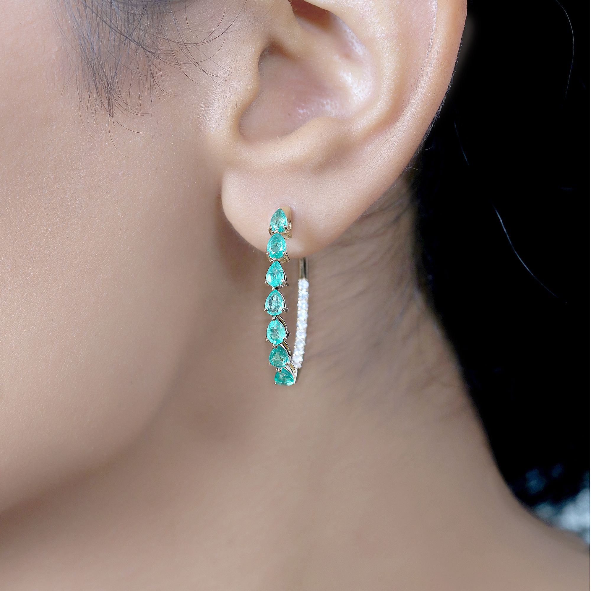 Diamond Pear Emerald Hoop Earring 29x26mm